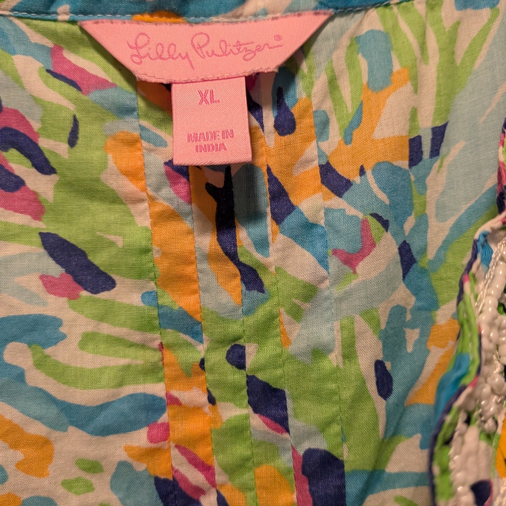 Lilly Pulitzer Tunic Embroidery Beaded Pintucking  XL 3/4 Sleeve - Picture 5 of 10